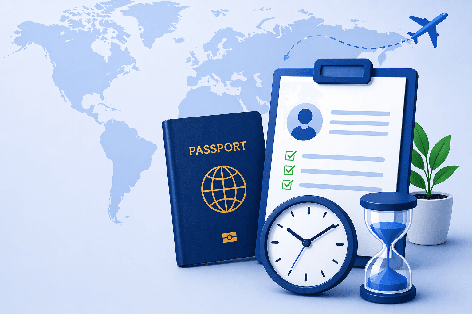 Illustration of a passport, checklist, clock and hourglass