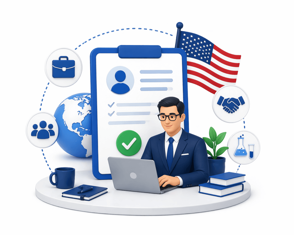 Illustration of a professional completing a U.S. visa application