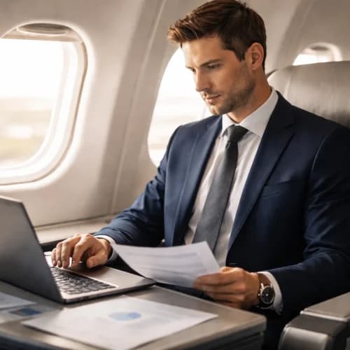 Professional reviewing documents on a laptop during a flight