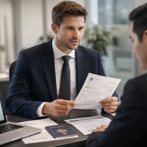 Professional reviewing a visa document with a colleague