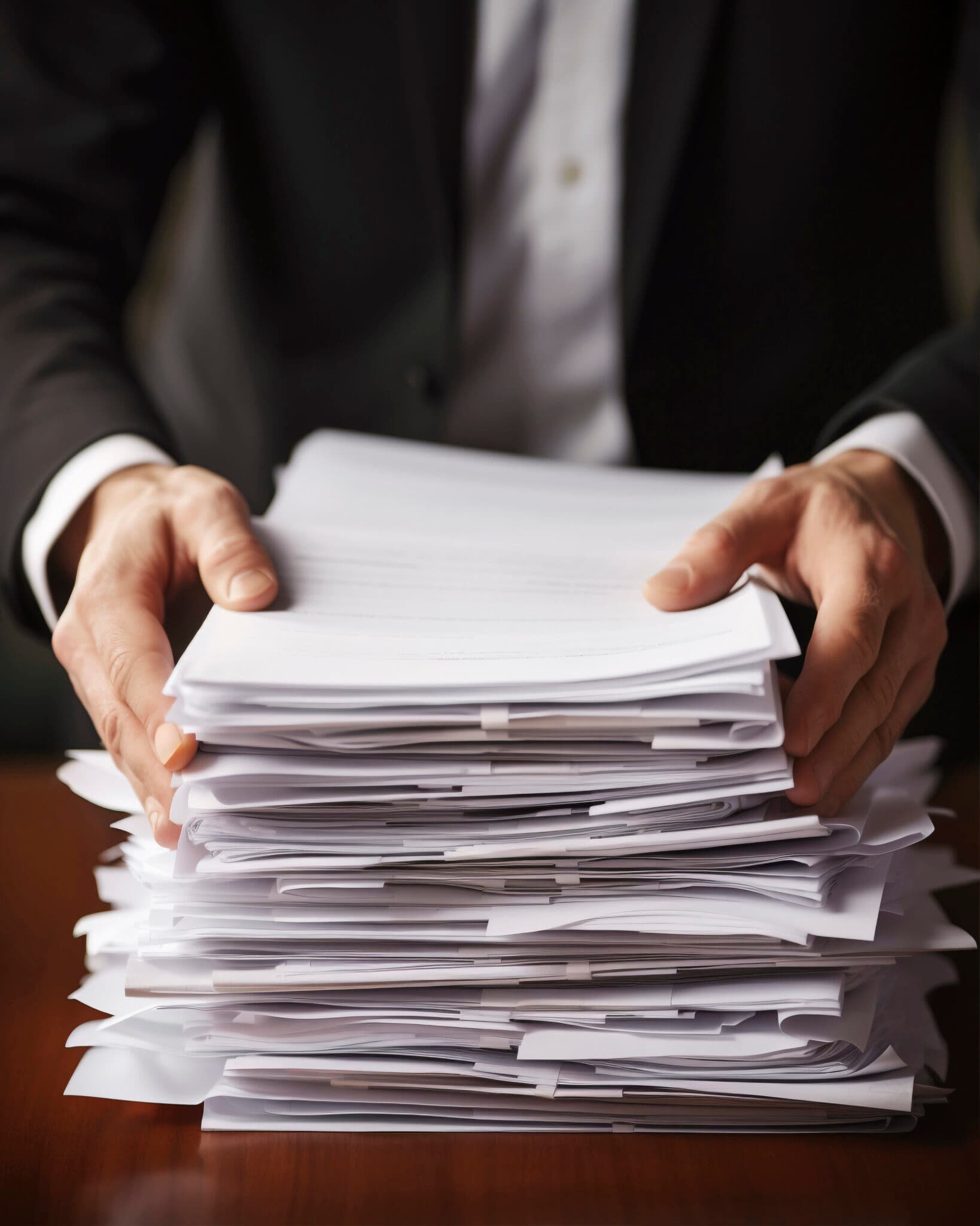 Professional reviewing a stack of documents