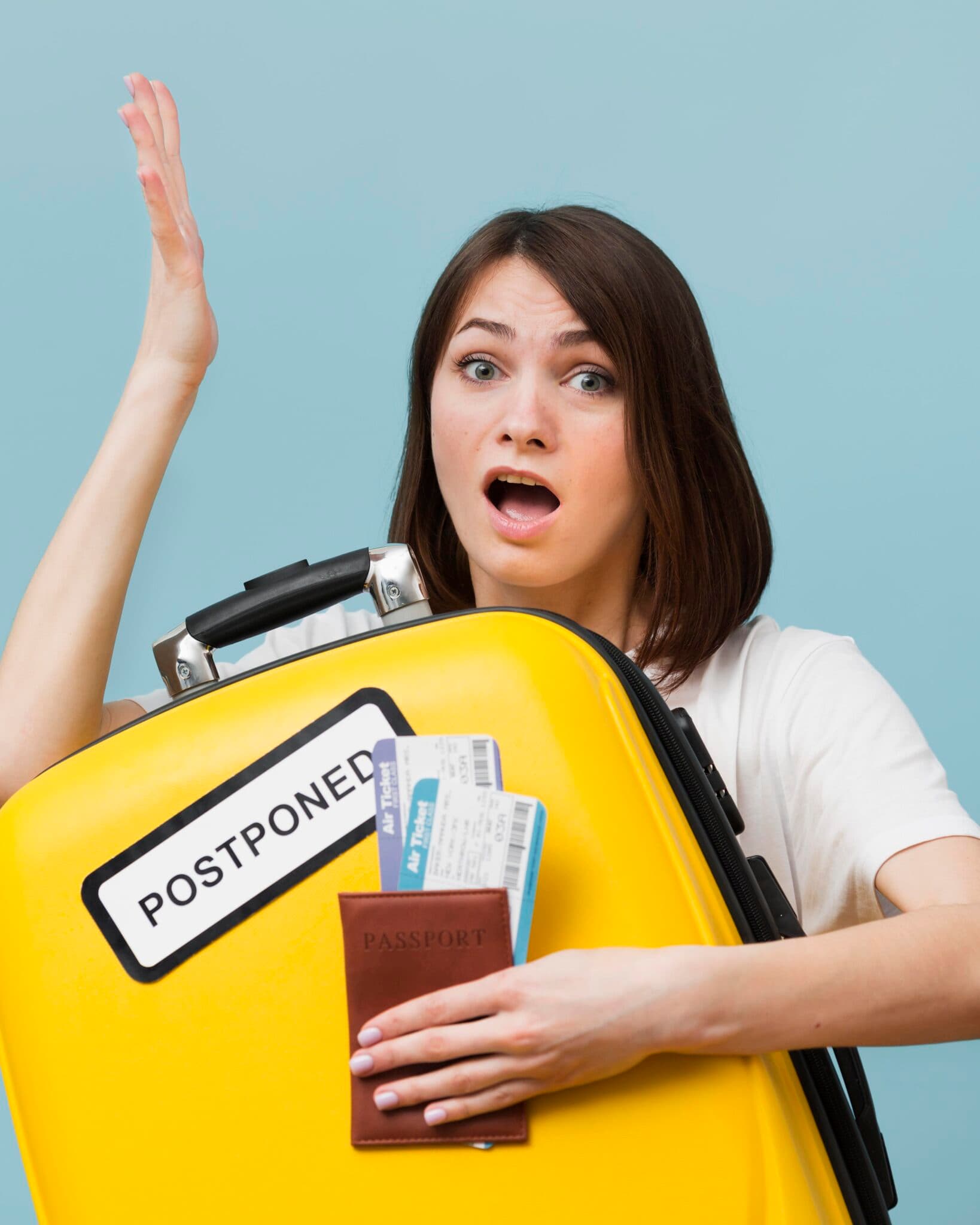 Traveler holding a suitcase and boarding documents